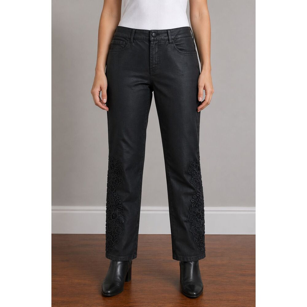 Soft Surroundings Straight Ankle Floral Leg Jeans Black 10